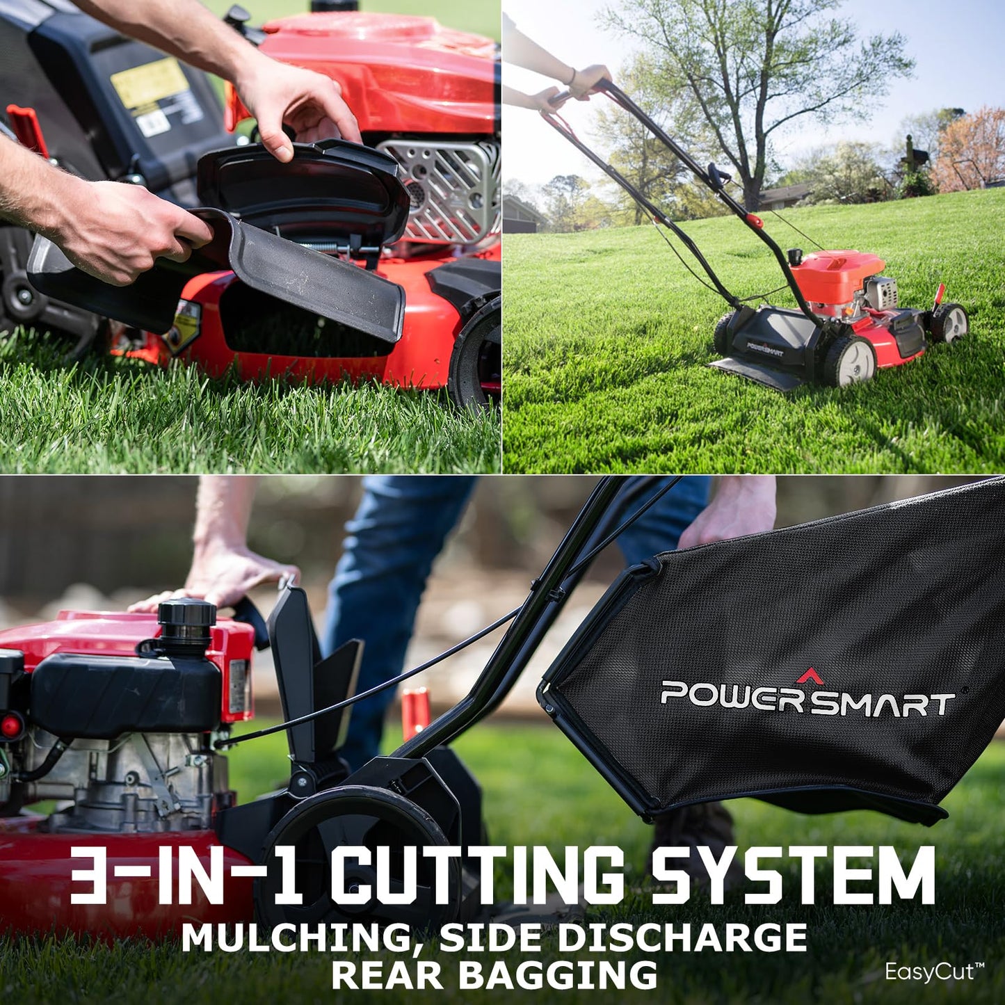 PowerSmart EasyCut 18-Inch 144cc Push Gas Lawn Mower, 3-in-1 Mulch/Bag/Side Discharge